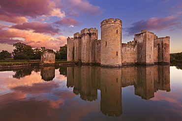 Bodiam Castle and moat, a 14th century castle at sunset, Robertsbridge, East Sussex, England, United Kingdom, Europe