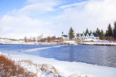 Thingvallabaer and church by the River Oxara, Thingvellir National Park, UNESCO World Heritage Site, Iceland, Polar Regions