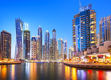 Dubai Marina skyline at night, Dubai City, United Arab Emirates, Middle East