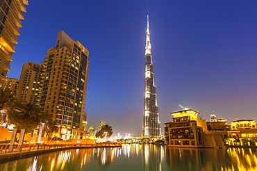 Dubai Burj Khalifa and skyscrapers at night, Dubai City, United Arab Emirates, Middle East