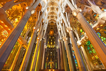 La Sagrada Familia church, basilica interior with stained glass windows by Antoni Gaudi, UNESCO World Heritage Site, Barcelona, Catalonia (Catalunya), Spain, Europe