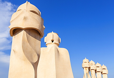 Chimney sculptures on the roof of Casa Mila (La Pedrera) by Antoni Gaudi, UNESCO World Heritage Site, Barcelona, Catalonia (Catalunya), Spain, Europe