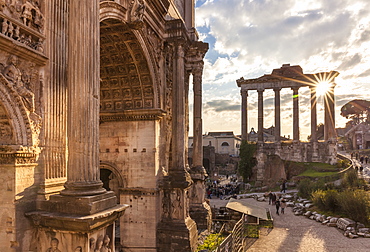 The Arch of Septimius Severus and The Temple of Saturn in the Roman Forum, UNESCO World Heritage Site, Rome, Lazio, Italy, Europe