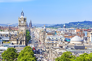 Busy traffic on Princes Street, Edinburgh city centre and skyline, Edinburgh, Midlothian, Scotland, United Kingdom, Europe