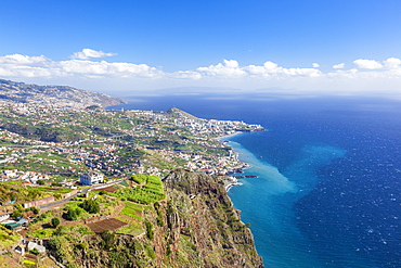 The southern coastline of Madeira towards Funchal from the high sea cliff headland Cabo Girao, Madeira, Portugal, Atlantic, Europe