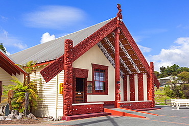 Wahaio Traditional Maori meeting house, Whare Tipuna, Whakarewarewa thermal village, Rotorua, North Island, New Zealand, Pacific