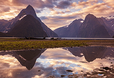 Mitre Peak and Lion Peak sunset reflections, Milford Sound, Fiordland National Park, UNESCO World Heritage Site, Southland, South Island, New Zealand, Pacific