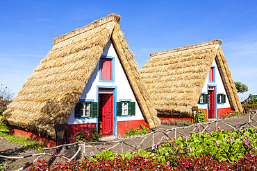 Traditional triangular thatched A-framed Palheiro Houses, Santana, Madeira, Portugal, Atlantic, Europe