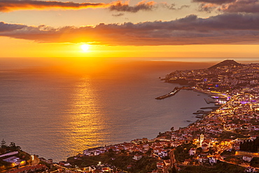 Funchal skyline at sunset with city night lights, Funchal, Madeira, Portugal, Atlantic, Europe