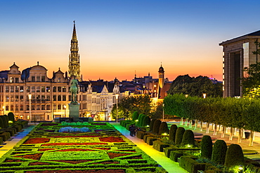 Cityscape at sunset, Mont des Arts Floodlit Garden, Brussels, Belgium, Europe