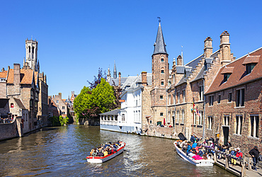 Rozenhoedkai Quay, Bruges Belfry and tourist boats on Den Dijver Bruges Canal, UNESCO World Heritage Site, Bruges, West Flanders, Belgium, Europe