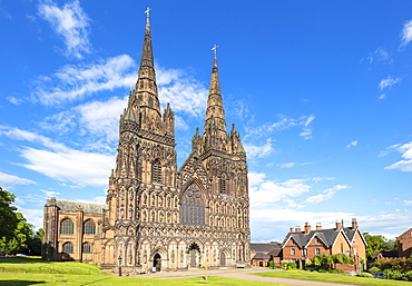 Lichfield Cathedral west front with carvings of St. Chad, Saxon and Norman kings, Lichfield, Staffordshire, England, United Kingdom, Europe