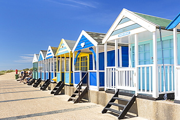 Brightly painted beach huts, Southwold Beach, North Parade, Southwold, Suffolk, East Anglia, England, United Kingdom, Europe