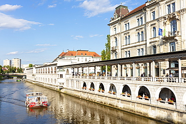 Plecnik's Arcades, arches of the central covered Market by the Ljubljanica River, Ljubljana, Slovenia, Europe