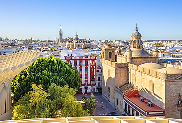 Seville Skyline of Cathedral and city rooftops from the Metropol Parasol, Seville, Andalusia, Spain, Europe