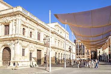 Seville Town Hall with sun shades canopy, Plaza de San Francisco, Seville, Spain, Andalusia, Spain, Europe