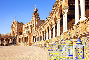 Ceramic tiles in the alcoves and arches of the Plaza de Espana, Maria Luisa Park, Seville, Andalusia, Spain, Europe