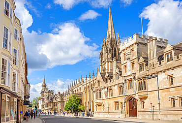 All Souls College Oxford and Tower of the University Church of St. Mary the Virgin, Oxford, Oxfordshire, England, United Kingdom, Europe