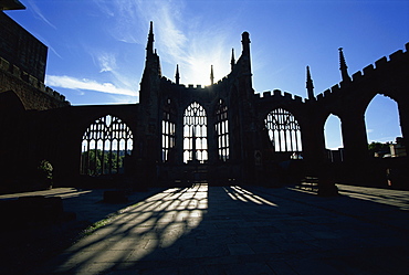 Sunlight through windows in the old Christian cathedral ruins, Coventry, Warwickshire, West Midlands, England, United Kingdom, Europe