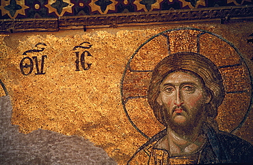 Detail of mosiac frescoe depicting Jesus Christ, in the Santa Sophia Basilica