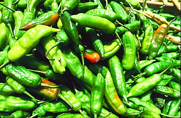 Close-up of green peppers for sale in market, Reunion Island, Indian Ocean, Africa