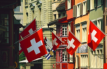 Flags out on a Swiss national holiday, Zurich