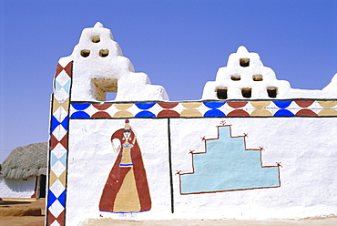 Painted village building, Jaisalmer, Rajasthan, India, Asia