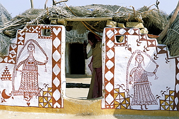 Painted walls in village, Jaisalmer, Rajasthan state, India, Asia