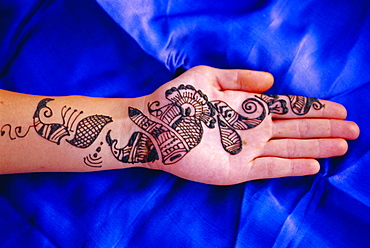 Woman's hand decorated with henna design, Rajasthan, India