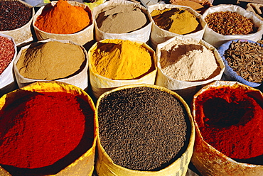 Sacks of spices, Ouarzazate market, Morocco, North Africa