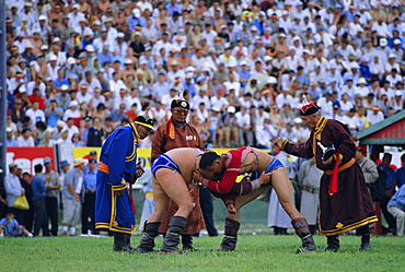 Wrestling at the tournament, Naadam Festival, Ulaan Baatar (Ulan Bator), Mongolia, Asia