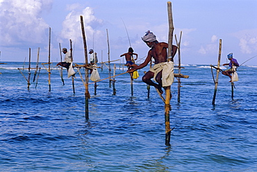 Stilt fishermen at Welligama, south coast, Sri Lanka, Indian Ocean, Asia