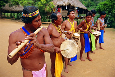 Embera Indian musicians, Chagres National Park, Panama, Central America