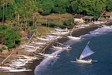 Outrigger canoes on Amed beach, Bali, Indonesia, Asia