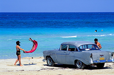 American car, Guanabo, beach of the East, Havana, Cuba, Central America