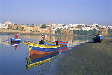 Boats at Sale with the skyline of the city of Rabat in background, Morocco, North Africa, Africa