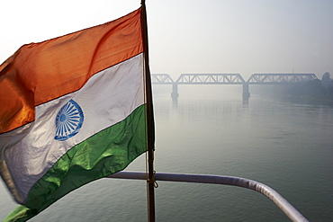 Indian flag on sukapha boat on the Hooghly River, part of Ganges River, West Bengal, India, Asia 