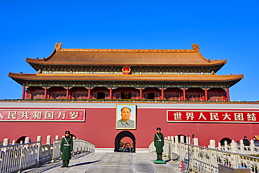 Security guards at the Tiananmen, or the Gate of Heavenly Peace, Forbidden City, Beijing, China, East Asia