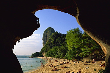 View from cave entrance of the beach and coast, Ao Phra Nang, Province of Krabi, Thailand, Southeast Asia, Asia