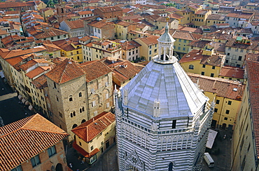 Aerial view of San Giovanni Baptistry, Piazza del Duomo, Pistoia, Tuscany, Italy 