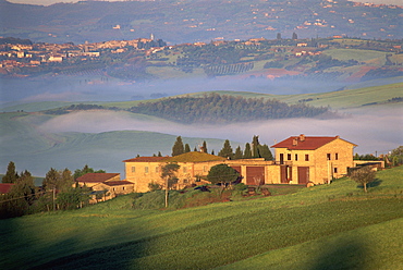 Houses in a misty landscape near Pienza, Siena Province, Tuscany, Italy, Europe