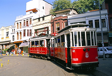 Trams on Istikal Cad, Beyoglu quarter, Istanbul, Turkey, Europe