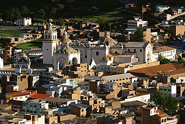 Aerial view of cathedral and town, Copacabana, Lake Titicaca, Bolivia, South America