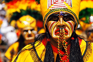 Portrait of a Tobas warrior during carnival called The Devil Dance (La Diablada), Oruro, Bolivia, South America