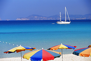 Colourful umbrellas on Playa de ses Illetes beach, Formentera, Balearic Islands, Spain, Mediterranean, Europe