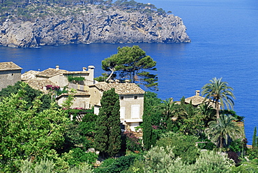 View of Lluc Alcari village and northwest coast, Majorca, Balearic Islands, Spain, Mediterranean, Europe