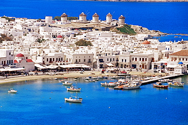 Aerial view of Mykonos, Hora and harbour, Cyclades, Greek Islands, Greece, Mediterranean, Europe