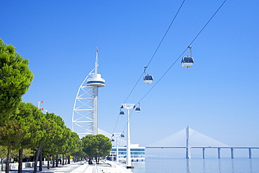 Vasco da Gama Tower and bridge, Lisbon, Portugal, Europe