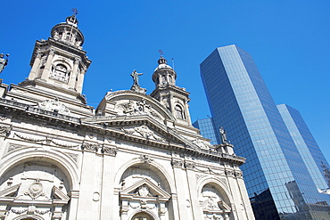 Metropolitan Cathedral and downtown modern building, Plaza de Armas, Santiago de Chile, Chile, South America