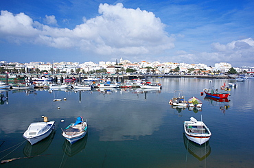 View Lagos harbour and town, Lagos, Western Algarve, Algarve, Portugal, Europe